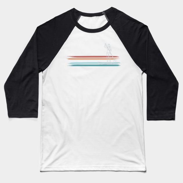 SUP Girl Stand up Paddle board with brush style retor stripes Baseball T-Shirt by Surfer Dave Designs